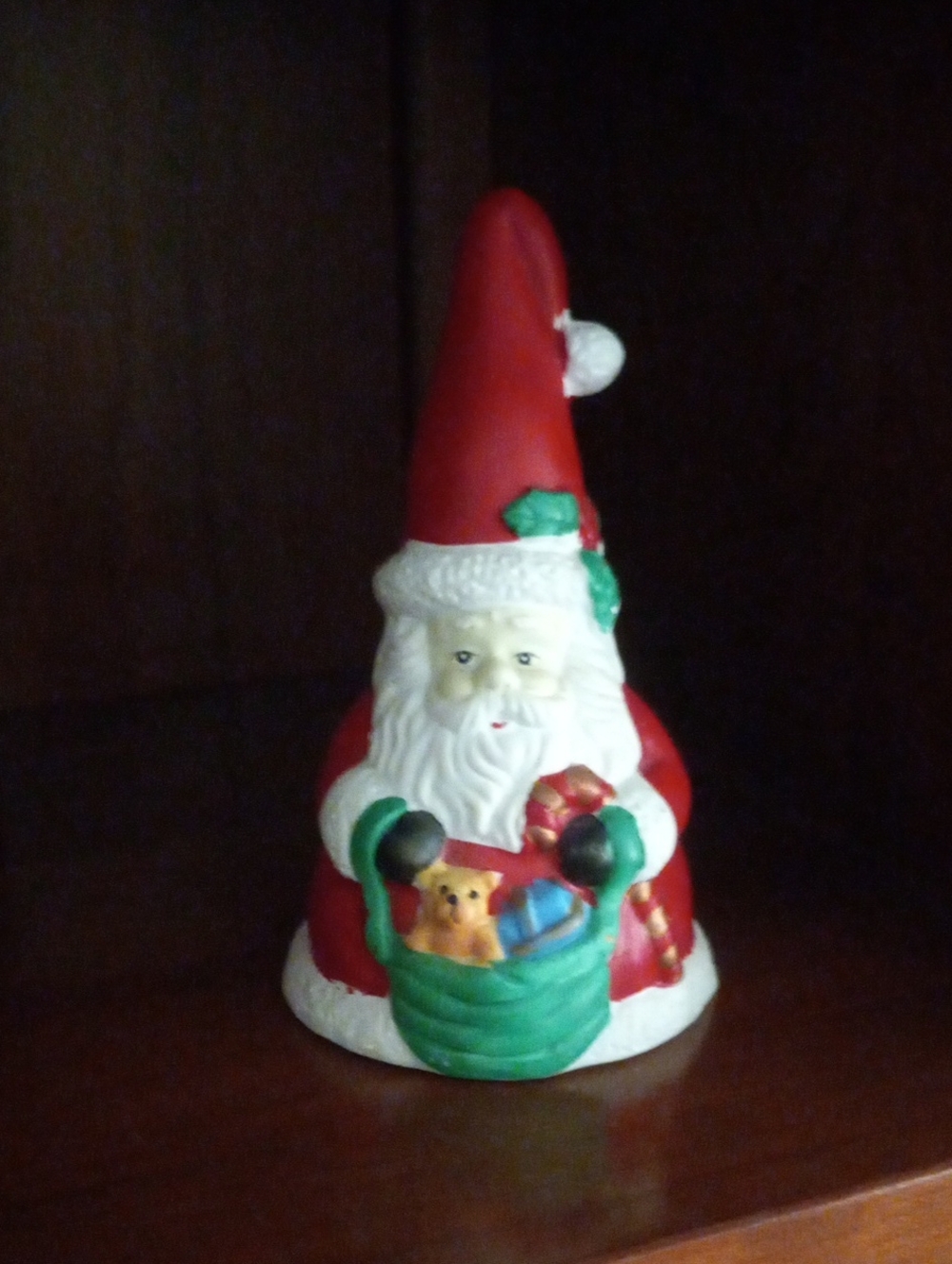 Vintage Hand Painted Ceramic Santa Claus Bell - Toy Sack Teddy Bear Holly Hat